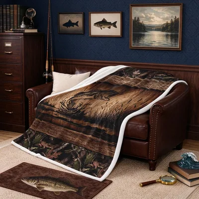 Largemouth Bass on Rustic Blanket: Camo Wood Design for Anglers