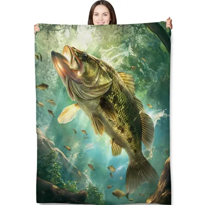 Largemouth Bass Leaping Underwater Blanket: Fish Art for Anglers