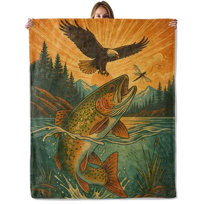 Trout Fish Eagle Blanket: A Vintage Fly Fishing Scene with Bald Eagle