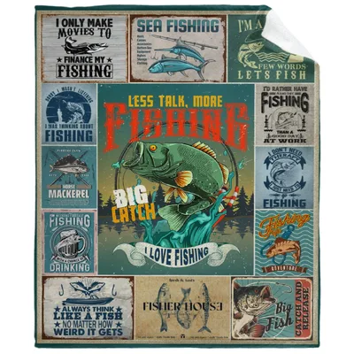 Fishing Collage Bass Fish Blanket for Anglers Who Love Vintage Prints