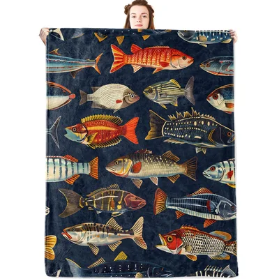 Tropical Fish Pattern Blanket featuring vintage marine illustrations