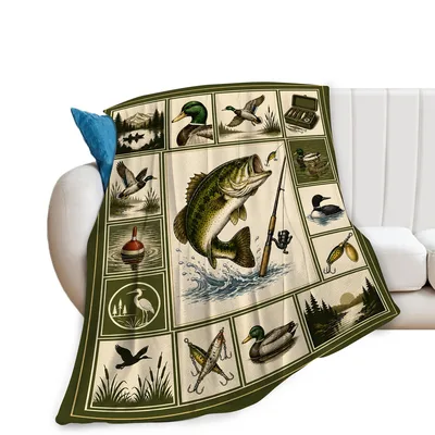 Bass Fishing Duck Hunting Blanket: Vintage Angler and Mallard Design