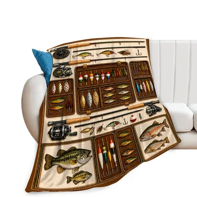 Fishing Tackle Lures Blanket: Angler Gear and Fish Illustration