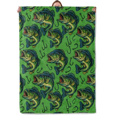 Largemouth Bass and Fish Blanket: Green Bass Pattern with Hooks