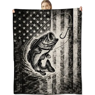 Distressed Black Bass Hook Blanket: Vintage Flag Fishing Art