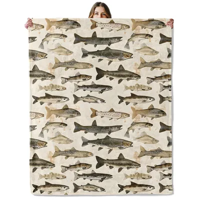 Fish Pattern Print Blanket: Vintage Fish Illustration Throw