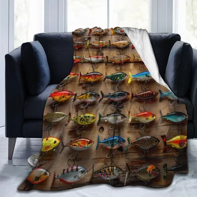 Fishing Lures on Wood Blanket: A Collection of Colorful Bait