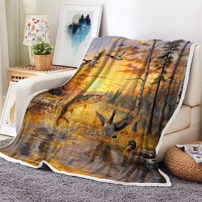Fishing Lake Sunset Blanket: A Golden Hour Wildlife Scene