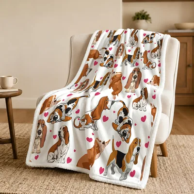 Basset Hound Dog Pattern Blanket featuring a white throw