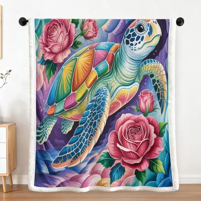Turtle with Roses Pattern Blanket featuring a vibrant