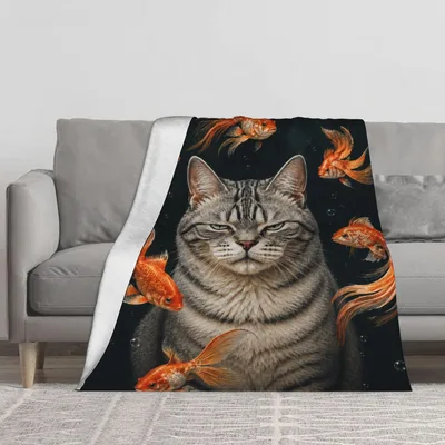 Cat Among Orange Fish Blanket: Tabby Cat with Goldfish Art