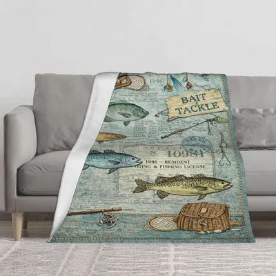 Bait and Tackle Fishing Blanket: Vintage License Art with Gear