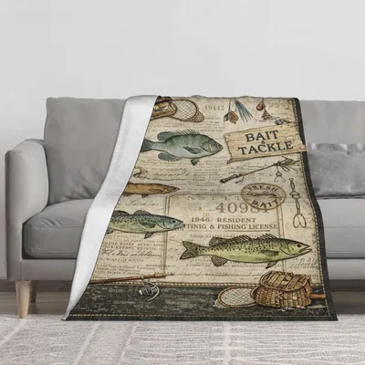 Vintage Fishing Bait Tackle Blanket: Retro License Art for Anglers