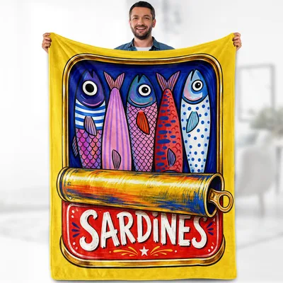 Retro Fish Tin Art Blanket: Sardines Can Design for Foodies