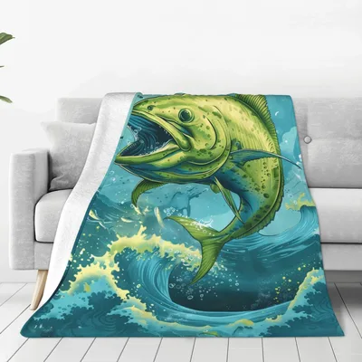 Leaping Fish in Ocean Blanket: Vibrant Mahi-Mahi Wave Design