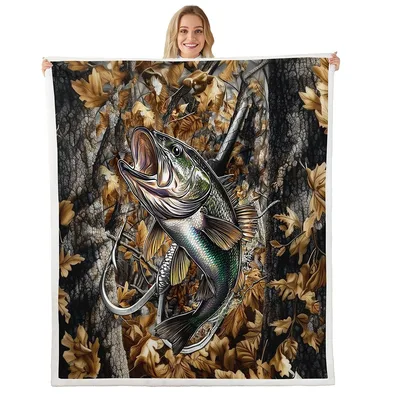 Fish Camo Leaves Pattern Blanket: Bass on Camo Print
