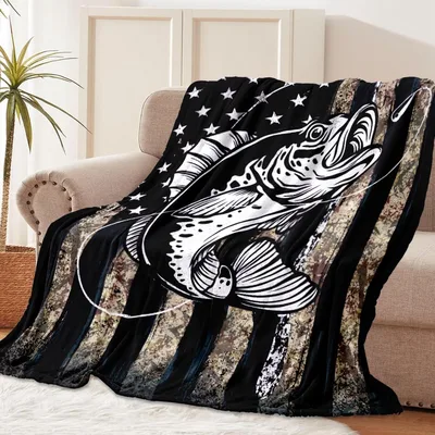 Fish Silhouette on Camo Blanket: Bass and Flag Design