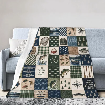 Fishing Lake Patchwork Pattern Blanket for Anglers
