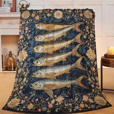 Golden Fish on Navy Blanket: Vintage Art Print for Anglers