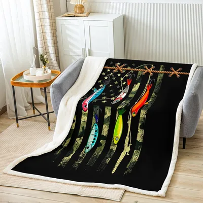 Camouflage American Flag Blanket with Fishing Lure Art
