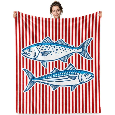 Two Fish on Stripes Blanket: Coastal Art with Blue Fish