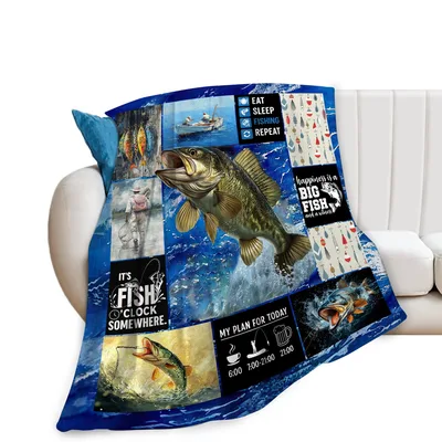 Fishing Big Fish Collage Blanket: Eat Sleep Fishing Repeat Design