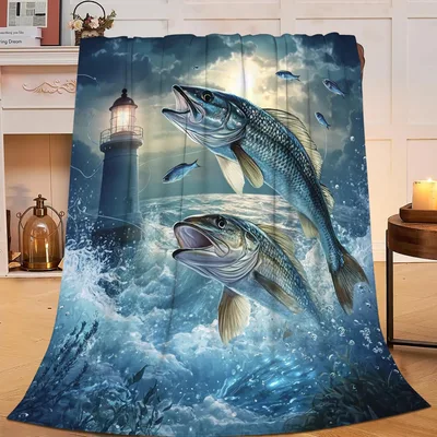 Lighthouse with Leaping Fish Blanket: Nautical Art for Anglers