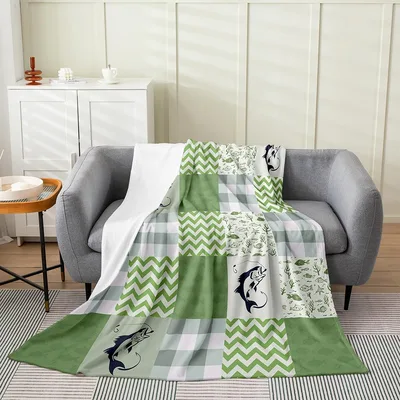 Pike Fish Patchwork Plaid Blanket featuring green chevron