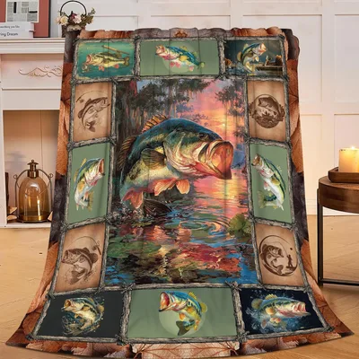 Largemouth Bass Fishing Scene Blanket: A Collage of Catch and Sunset