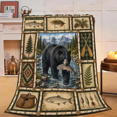Bear Fishing in Cabin Blanket: Rustic Bear and Trout Quilt Design
