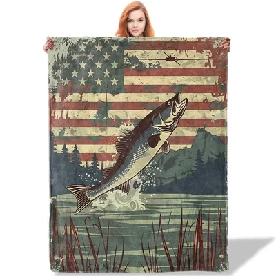 American Flag Fishing Scene Blanket: Vintage Bass and Stars Design