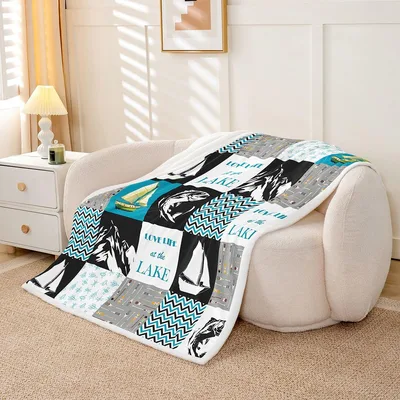 Lake House Sailboat Patchwork Blanket featuring retro sailboats