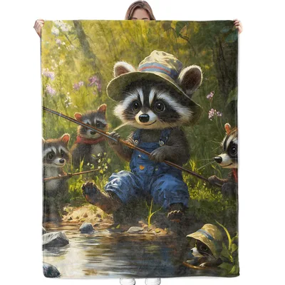 Fishing Raccoon by Stream Blanket: Cute Angler Raccoons in Overalls