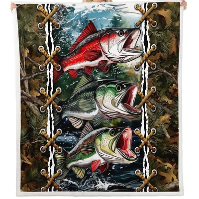 Bass Pike Fish Camo Blanket: Three Striking Fish on Woodland Print