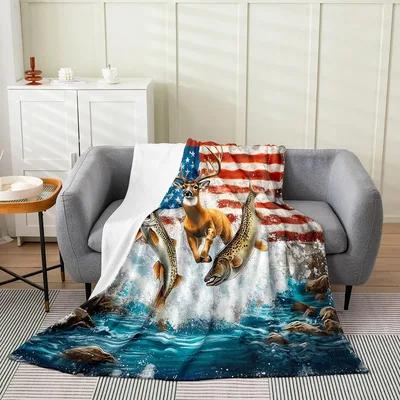 American Flag Fish Splash Blanket: Wild Game and River Art
