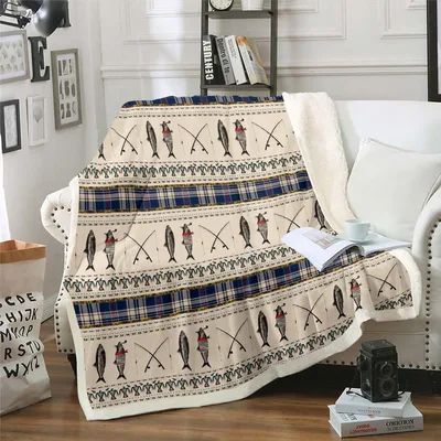 Fishing Rods Rustic Pattern Blanket featuring illustrated fish