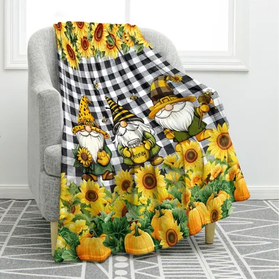 Throw a Gnome Sunflower Gnomes Autumn Fleece and Sherpa Blanket