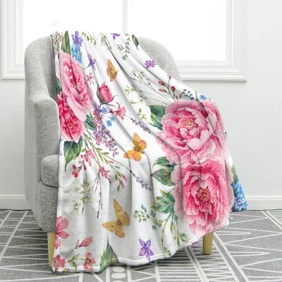 Pink Floral Blanket with Butterflies and Peonies Design