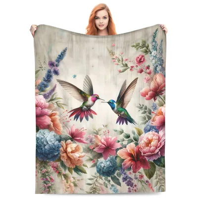 Hummingbird Floral Blanket: Vintage Birds and Peonies Throw
