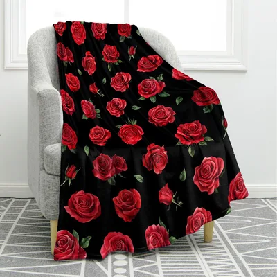 Red Rose Blanket: Bold Floral Print on Black Background