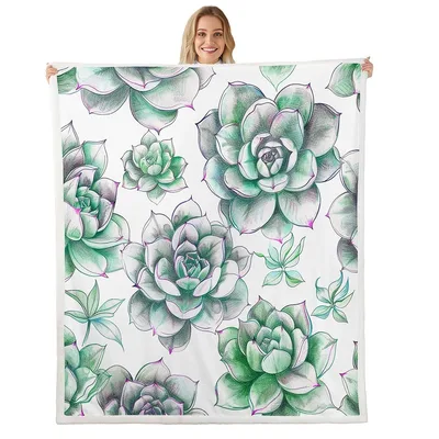 Succulent Plants Floral Pattern Blanket features hand-drawn