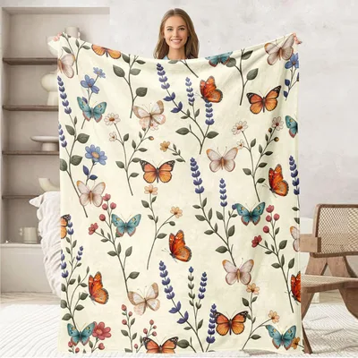 Butterfly Floral Pattern Blanket: Vintage Insect and Wildflower Design