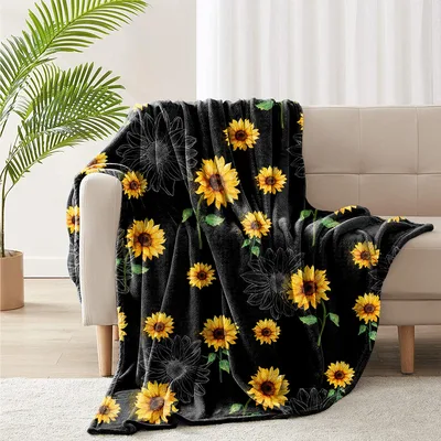 Sunflower Print Blanket: Bright Floral Design on Dark Background