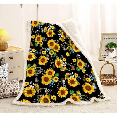 Sunflowers and Gold Geometric Blanket: Floral Pattern with Butterflies