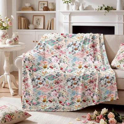 Floral Patchwork Boho Blanket Vintage Floral Diamond Quilt Design