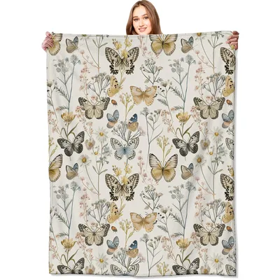 Vintage Butterfly Floral Blanket: Retro Wildflower Throw Design