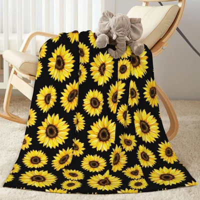 Sunflower Pattern Blanket: Bright Yellow Floral Design on Black