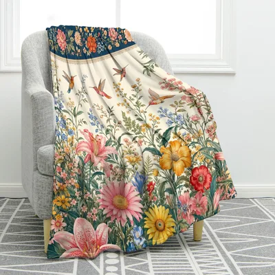 Hummingbird Floral Garden Blanket: Vintage Wildflower and Bird Throw