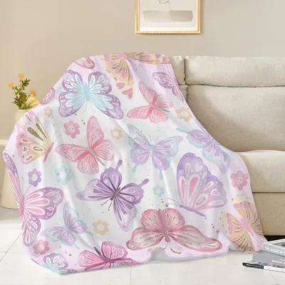 Butterfly Pastel Floral Blanket: Soft Pink and Purple Butterfly Design