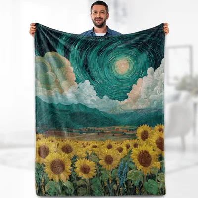 Sunflower Field Art Blanket: Swirling Night Sky Over Golden Blooms